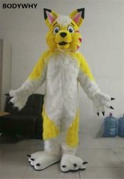 Mascot CostumesYellow Husky Wolf Dog Valentine Mascot Costume Hairy Walking Furry Costume Plush Anime Special Clothing Gift