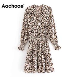 Aachoae Chic Bow Tie Leopard Print Mini Dress Women Ruffles Elastic Wasit Retro Dress Ladies A-line Long Sleeve Party Dresses 210413