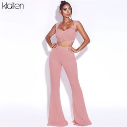 KLALIEN Fashion Elegant Office Lady Camisole and Flared Trousers Two Piece Set Women Casual Street Loose Stretch Solid Outfit 211105
