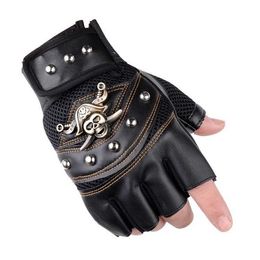 Wholesale 5 pairs/packs PU Leather Skull Punk Driving Motorcycle Biker Fingerless Gloves For Men Women Black Gloves Cool Gloves H1022