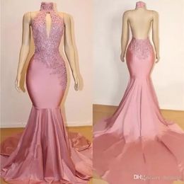 Pink Lace Appliques Beads Sequins Satin Prom Dresses Cheap High Neck Backless Mermaid Evening Gowns Party Wear BC11762