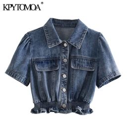 Women Fashion With Elastic Hem Ruffle Cropped Denim Blouses Puff Sleeve Button-up Female Shirts Chic Tops 210420