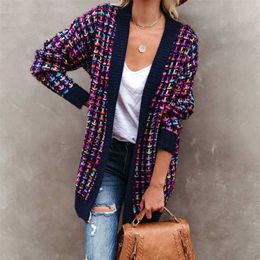 Fitshinling Bohemian Plaid Cardigans Women Vintage Long Coat Female Jacket Knitwear Winter Slim Sweater Cardigan Pockets 211103