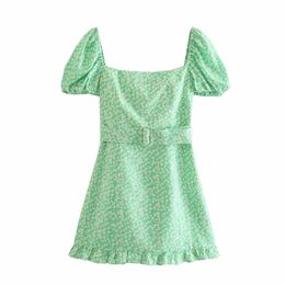 Sweet Women Square Collar Draw Back Dress Summer Fashion Ladies College Style Female Flower Print Linen 210515