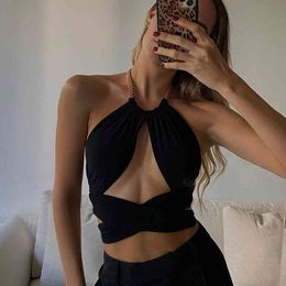 Summer Women Hater Backless Mini Tops Sexy Sleeveless Black Hollow Out Club Party Fashion Lady Shirts Crop 210423