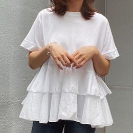 Summer Casual Elegant Temperament Gentle All Match White Round Neck Solid Color Ruffles Shirt Women 16F1320 210510