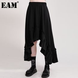 [EAM] High Elastic Waist Black Ruffles Irregular Casual Pleated Half-body Skirt Women Fashion Spring Autumn 1DD8142 21512