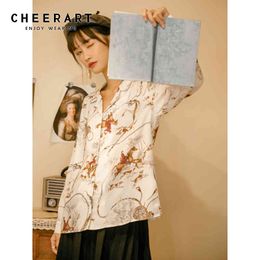 Vintage Hunting Print White Blouse Women Lapel Long Sleeve Top Button Up Shirt Ladies European Clothing 210427