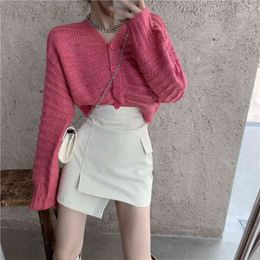 Ezgaga V-Neck Knit Sweater Autumn New Women Tender Loose Outwear Crop Tops Female Knitted Cardigan Solid Pink Crop Tops Fashion 210430