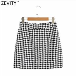 Zevity Women Vintage Houndstooth Plaid Print Casual Slim Pencil Skirt Faldas Mujer Female Back Zipper Chic Vestidos QUN707 210603