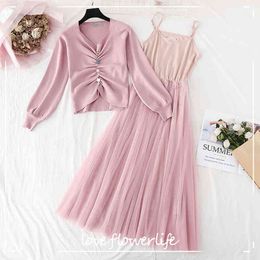 Spring Autumn Knitted Dress Elegant Ladies V Neck Long Sleeve Sweet Sling Mesh Midi Dress High Waist Women Dress 2 Piece Set 210521