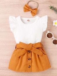 Baby Ruffle Sleeve Tee & Fake Button Belted Skirt SHE