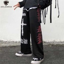 Aolamegs Gothic Pants Men Japanese Casual Sweatpants Graffiti Anime Punk Hippie Wide Leg Trouser Harajuku High Street Streetwear 211110