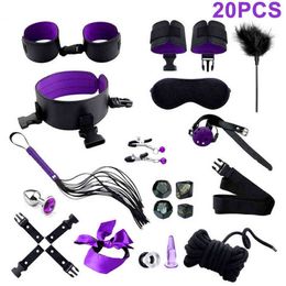 NXY SM Sex Adult Toy Bdsm Kits Adults Toys for Women Men Bondage Set y Leather Handcuffs Clamps Whip Spanking Metal Anal Plug Sm Toys1220