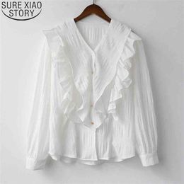 Women Tops and Blouses French Style Chic Blouse Sweet V Collar Ruffle Clothes Spring Cardigan Ladies White Shirts 13577 210506