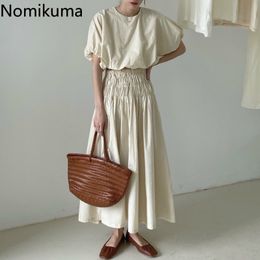 Nomikuma Elegant Vintage 2 Piece Set Women O Neck Puff Sleeve Shirts High Waist Skirts Solid Color Korean Outfits Female 3b172 210514