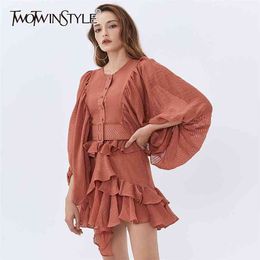 Patchwork Ruffle Elegant Women Dress O Neck Lantern Sleeve High Waist With Sashes Black Dresses Female Autumn 210520