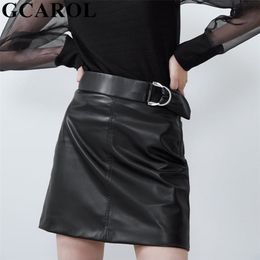 GCAROL New Women Black PU Leather Mini Skirt A-line Metal Buckle Sexy Faux Leather Spring Summer Multi Occasion Skirt 210330