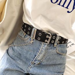 metal grommets for leather NZ - Belts Fashion Harajuku Women Punk Chain Belt Adjustable Black Double Eyelet Grommet Metal Buckle Leather Waistband For Jeans