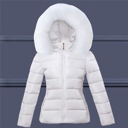 Big Fur Winter Jacket Women Parkas Hooded Thick Down Cotton Padded Parka Female Short Coat Slim Warm Outwear 211221