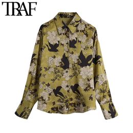 TRAF Women Fashion Floral Print Soft Touch Blouses Vintage Long Sleeve Button-up Female Shirts Blusas Chic Tops 210415
