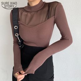 Half High-collar Mesh Bottom Shirts Women Autumn Winter Style Sexy Collarbone Blouse Fashion Slim 12569 210508