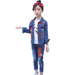 Teenager Kids Girls Outfits Long Sleeve Rose Sweater Denim Pants Hole Jeans 2pcs 