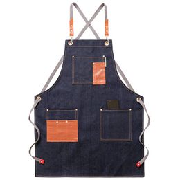 Aprons Denim Patchwork Cafe Shop House Cleaning Bibs Women Master Apron For Kitchen Accessories Cooking Baking Pocket Coffee Pinafore