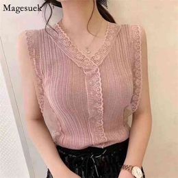 Plus Size S-4XL Fashion Crochet Hollow Lace Tank Tops Women Sleeveless V Neck Female Tanks Camis Summer Knitted Vest 14206 210512