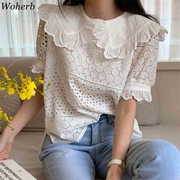 Blusas Mujer De Moda Verano Elegantes Hollow Shirt Elegant Puff Sleeve Solid Blouse Korean Chic Tops Summer 210519