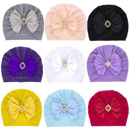 Cute Newborn Baby Girls Rhinestone Turban Caps Infant Toddler Simple Shiny Solid Color Big Bowknot Beanie Hat Headwraps