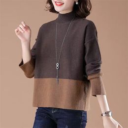 Contrasting Loose Sweater Women Long-sleeved Stitching Turtleneck Comfortable Wild Slim Knitted Base Jumpers Female Spring 210427