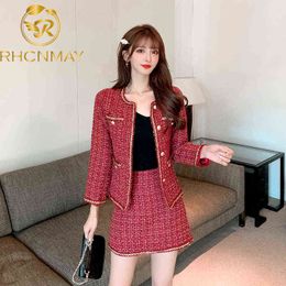 Autumn And Winter Fashion Casual Long Sleeve Slim Red Tweed Suit Coat Temperament Two Piece Skirt Women 211119