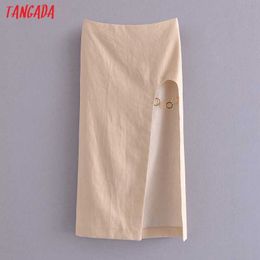 Tangada Women Beige Chain Decorate Midi Skirt Faldas Mujer Vintage Back Zipper Ladies Elegant Chic Mid Calf Skirts QN92 210609