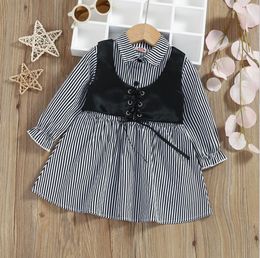 1-5Y Fashion Children Girls Clothing Sets Toddler Kids Girls Long Sleeve Lapel Shirt Dress+Bandage Vest Girl Outfits