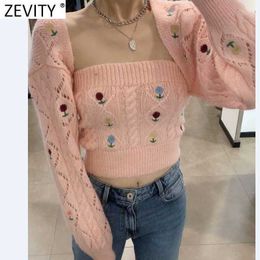 Zevity Women Sweet Floral Embroidery Hollow Knitting Sweater Femme Chic Design High Street Casual Ladies Cardigans Tops S579 210603