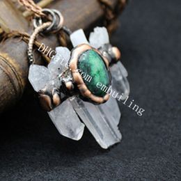 Quintuple Irregular Raw Clear Quartz Point Crystal Hoop Pendant Necklace with Electroformed Rustic Copper Anyolite Ruby in Zoisite Handmade European Retro Style