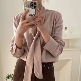 Chic Bow Women All Match Full Sleeves Solid Sale Vintage Streetwear Office Lady Shirts Elegance Blouses 210525