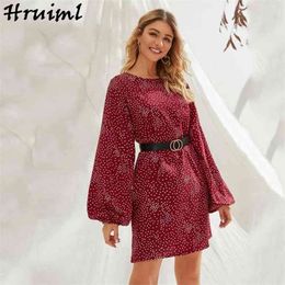 Dress O Neck Printing Holidays Office Lantern Sleeve Elegant Autumn Casual Woman Loose Streetwear Mini Party es 210513