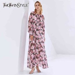 Printed Women's Dress O Neck Lantern Long Sleeve High Waist Floral Lace Up Vintage Dresses Female Fashion 210520