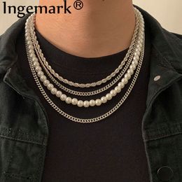 Punk HipHop Twisted Silver Color Choker Fashion Simulated Pearl Multilayer Beaded Chain Necklace For Women Man Collar