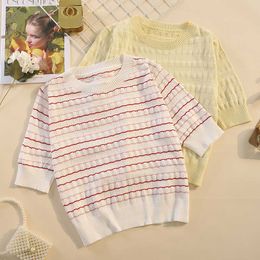 L-4XL plus size women basic thin kintting sweater pullover short sleeve o neck Stripe Summer Oversized sweaters t-shirt 210604