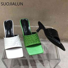 SUOJIALUN 2021 Square Toe Slippers Fashion Green Stone Pattern Slides Thin High Heel Dress Sandal Summer Outdoor Beach Flip Flop K78