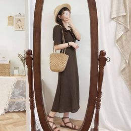 Plus size Summer Girls Boho Party Cotton Linen Female Vintage Dress Brown Short Sleeve Women Dresses Long Robe Vestido 210417