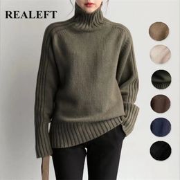 REALEFT Elegant Autumn Winter Oversized Women Sweater Solid Loose Turtleneck Knitted Sweaters Long Sleeve Pullover Female 210922