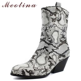 Meotina Women Boots Winter Western Boots Snake Print Spike Heels Ankle Boots Zipper Round Toe Shoes Female Autumn Plus Size 4-12 210608