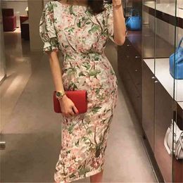 Arrival Fashion Bodycon Dress Women Elegant Office Lady Summer Sexy Lace Flowers Puff Sleeve Temperament pencil 210519