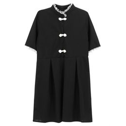 Black O Neck Button Sleeve Short Vintage Cheongsam Mini Summer Chinese Style D1781 210514