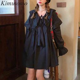 Kimutomo Elegant Ruffles Peter Pan Collar Dresses Spring French Style Girls Sweet Flare Sleeve Mini Vestido De Mujer 210521