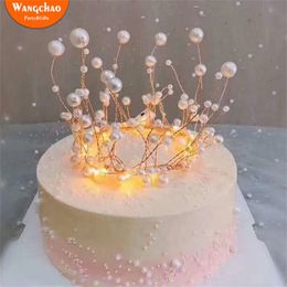 Shiny Handmade Pearl Princess Crown Cake Topper Wedding Cake Decorating Bride and Groom Happy Birthday Hat Cake Decoration 211216